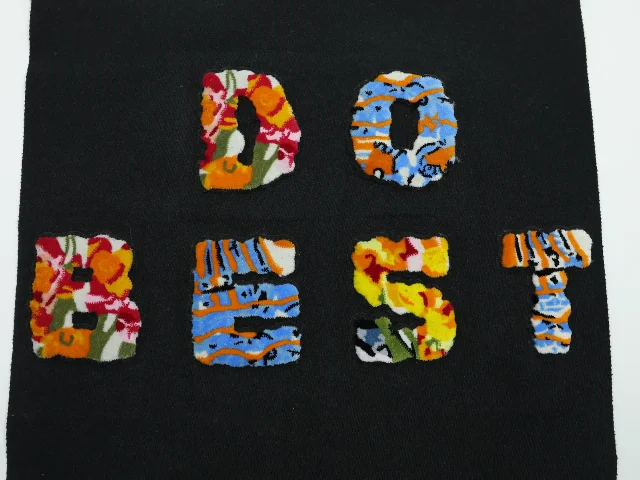 Toothbrush embroidery colourful letters, 3D pile effect