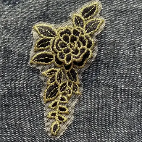 Three-Layer Black and Gold Rose Flat Metallic Thread Mesh-Base Garment Embroidery Corsage Fabric Patch