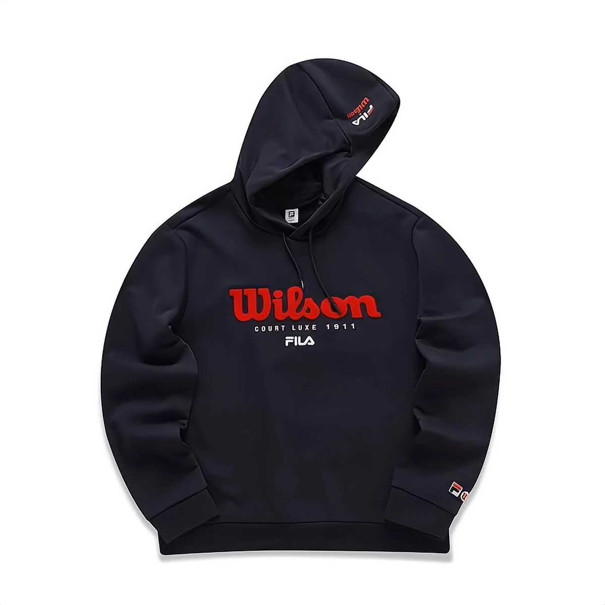 FILA x Wilson collaboration hoodie, front view: 3D toothbrush embroidery Wilson lettering