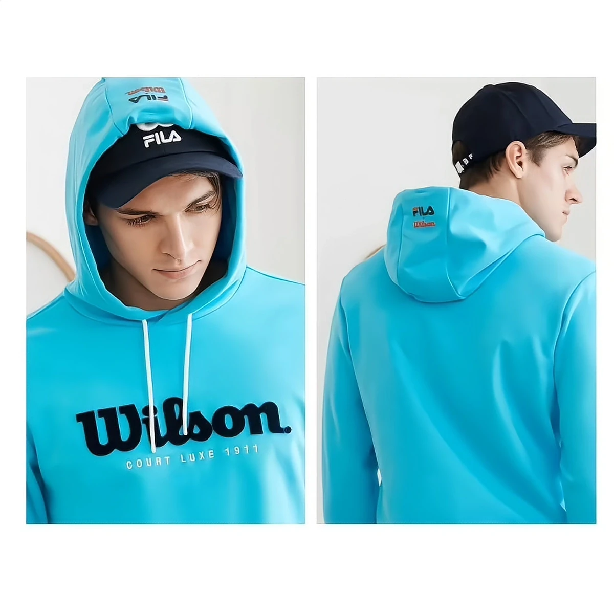 FILA × Wilson collaboration hoodie front, 3D toothbrush embroidery lettering (front and back)