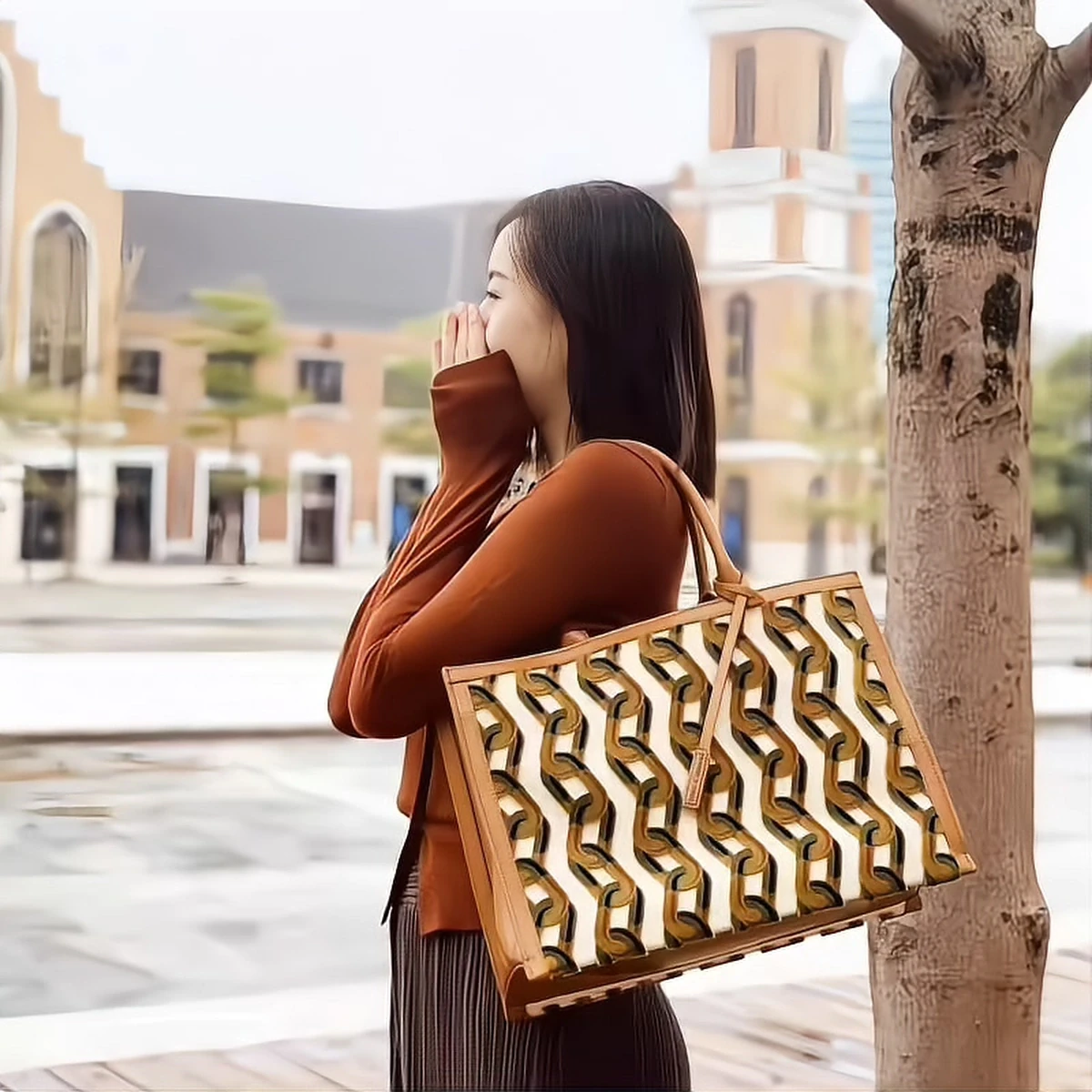 CHARLES & KEITH bag in toothbrush embroidery, chain-motif tote