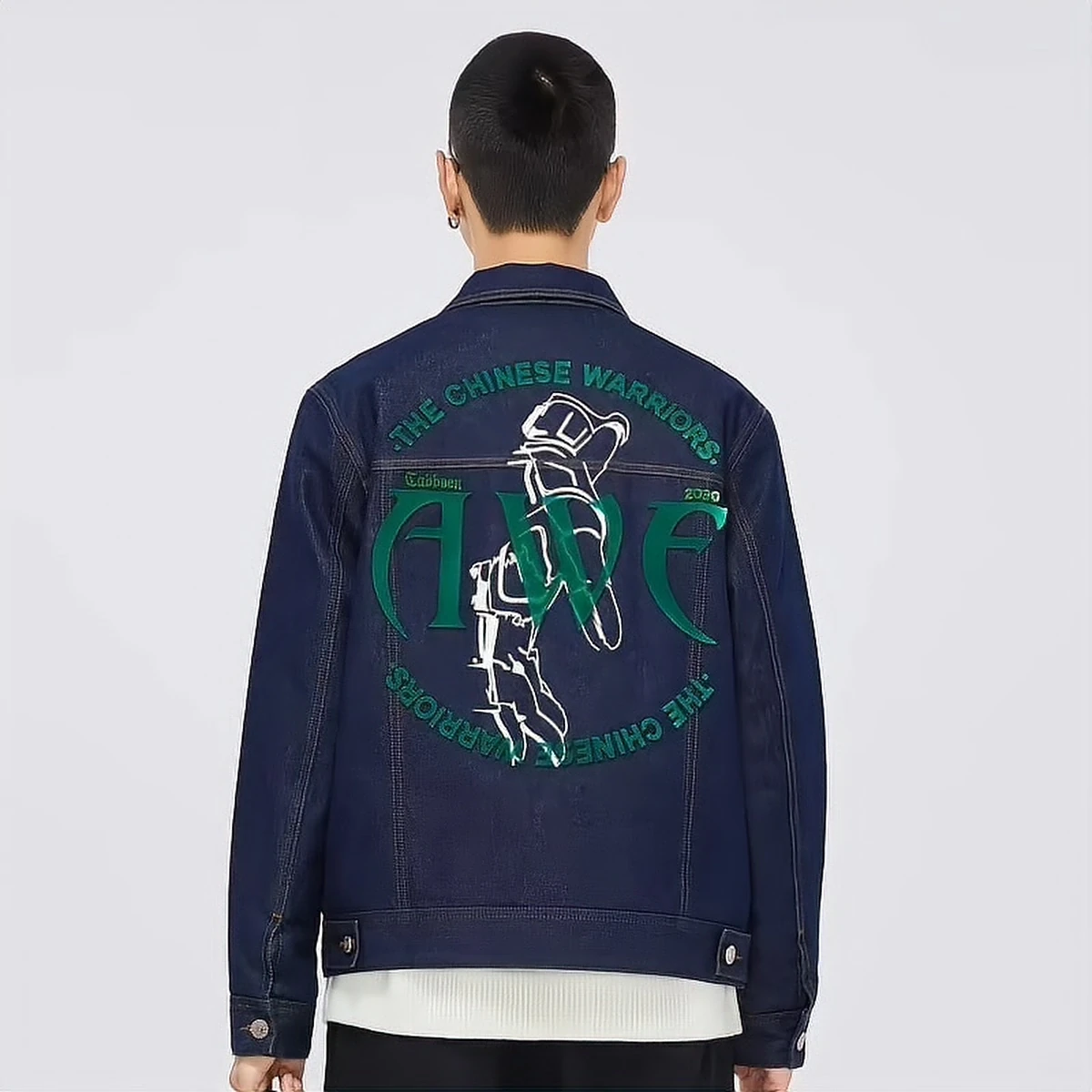 Cabbeen denim jacket back, full view of the 3D toothbrush embroidery