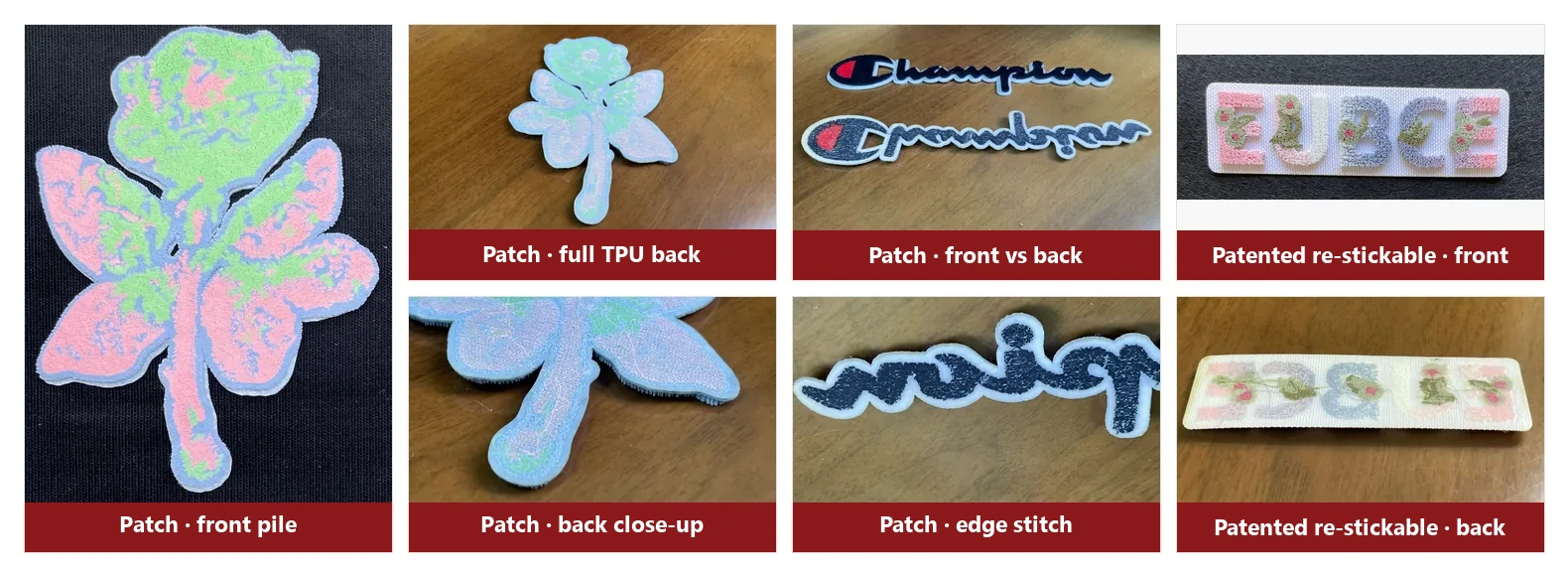 Embroidered patch: front pile, full-surface TPU film on the back; bottom right shows a re-positionable patented embroidered patch (CN222896500U)