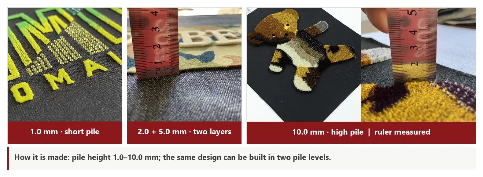 Pile height comparison: 1.0 mm short pile, 2.0+5.0 mm two-tier, 10.0 mm high pile with ruler measurement
